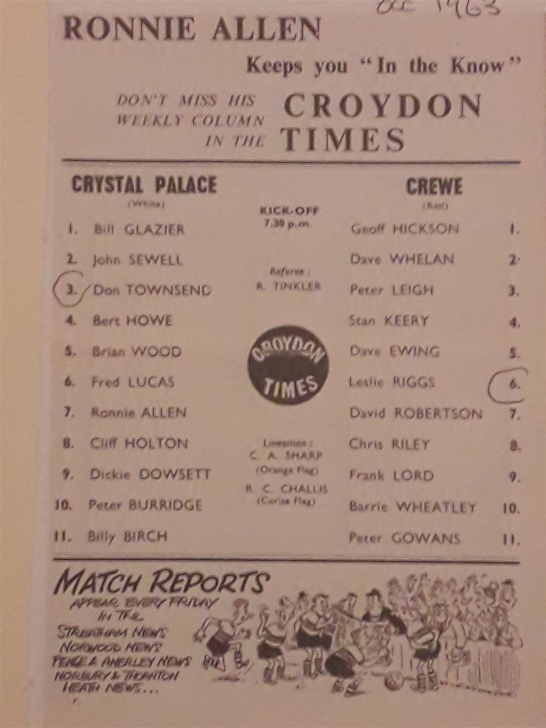 Don Townsend and Les Riggs were named on opposite teams in the matchday programme