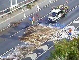 Part of the M20 will remain closed overnight for emergency resurfacing after a fuel spillage this morning. Picture: National Highways