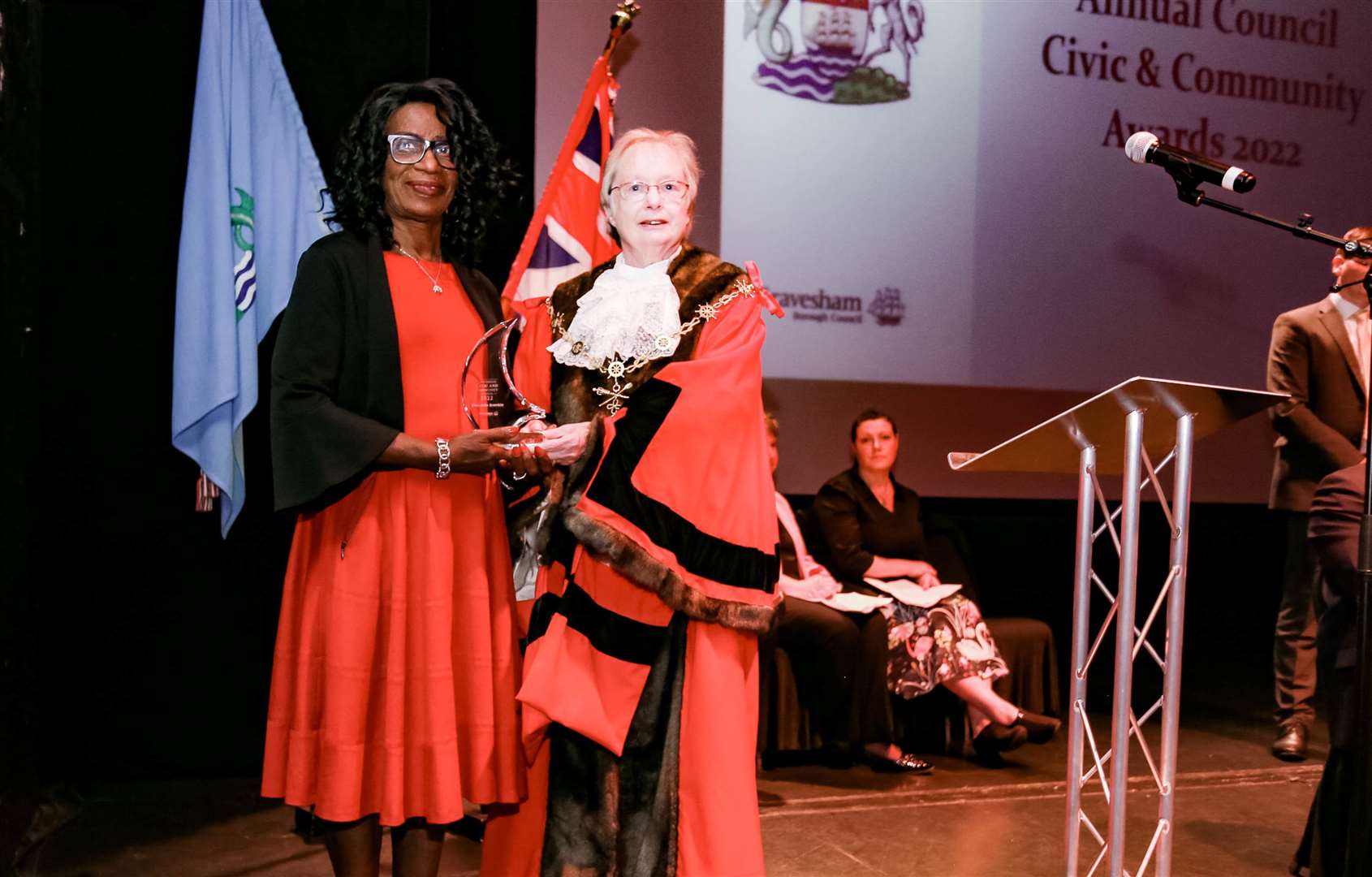 Claudette Bramble, left, receives her award from Mayor of Gravesham, Cllr Lyn Milner. Photo: Gravesham council