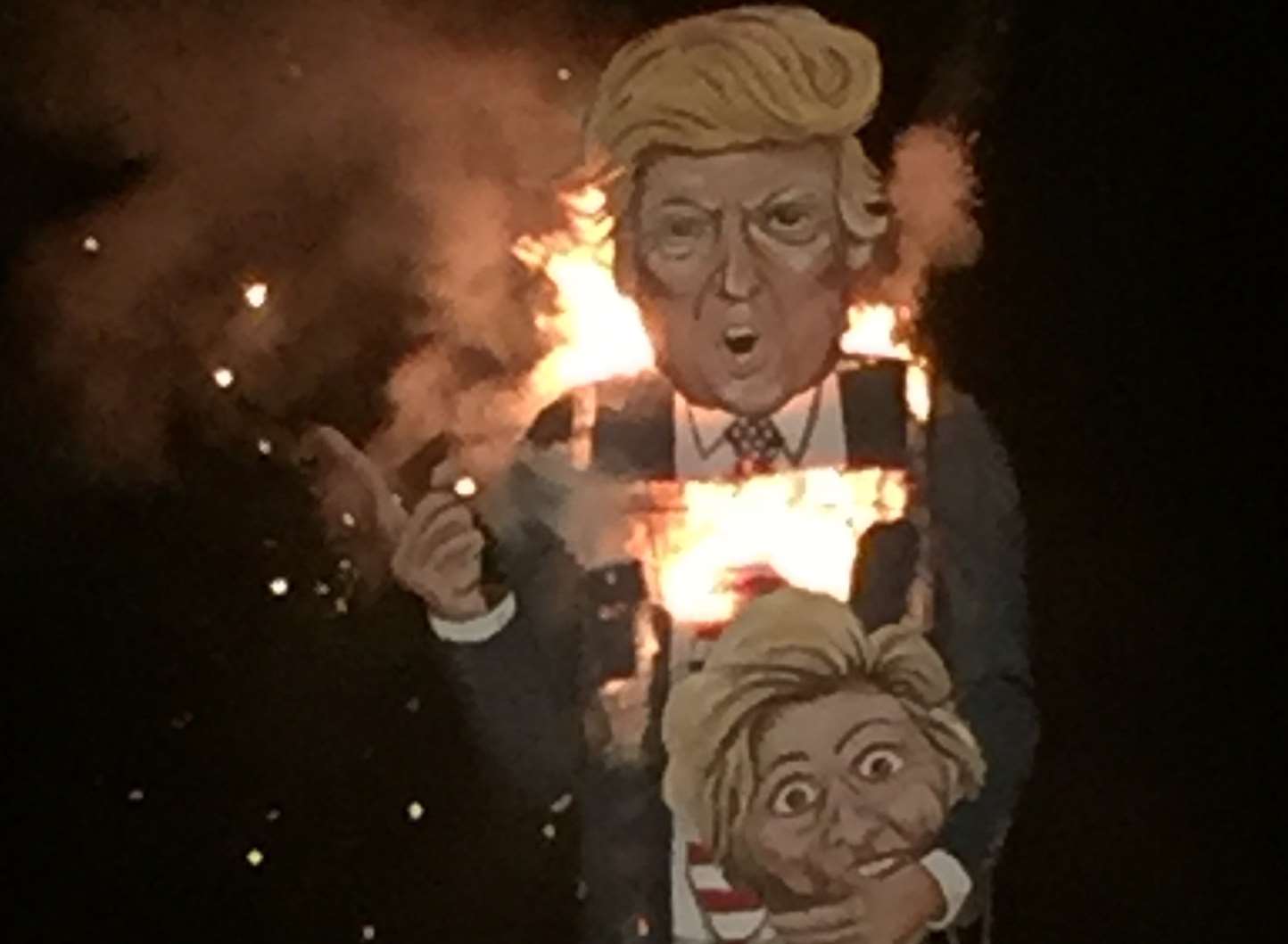 The Donald Trump figure goes up in flames
