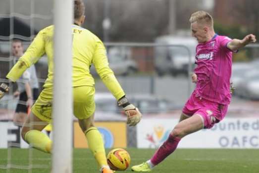 Joe Pigott strikes without success at Oldham Picture: Barry Goodwin