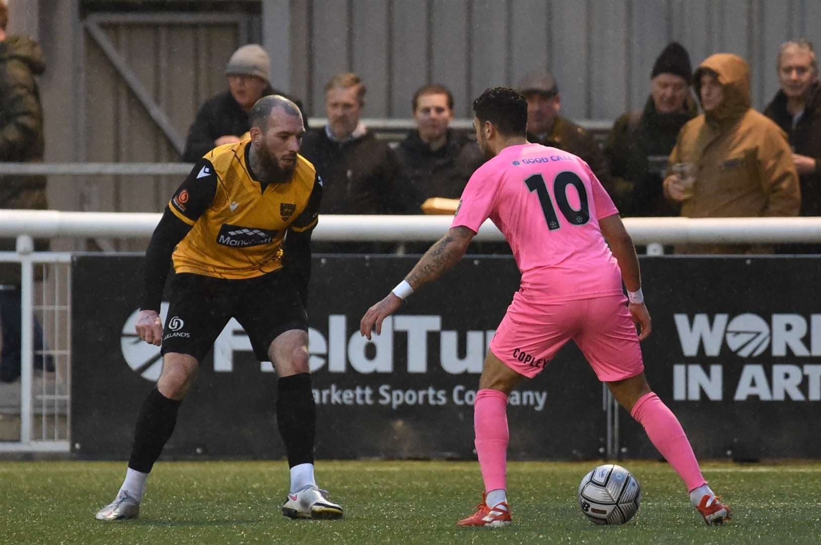 Maidstone defender Joe Ellul sizes up George Porter on his return from injury Picture: Steve Terrell
