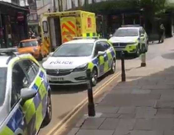 A number of police cars arrived at the scene in Palace Street, Canterbury, following the attack. Picture: Louis Reid