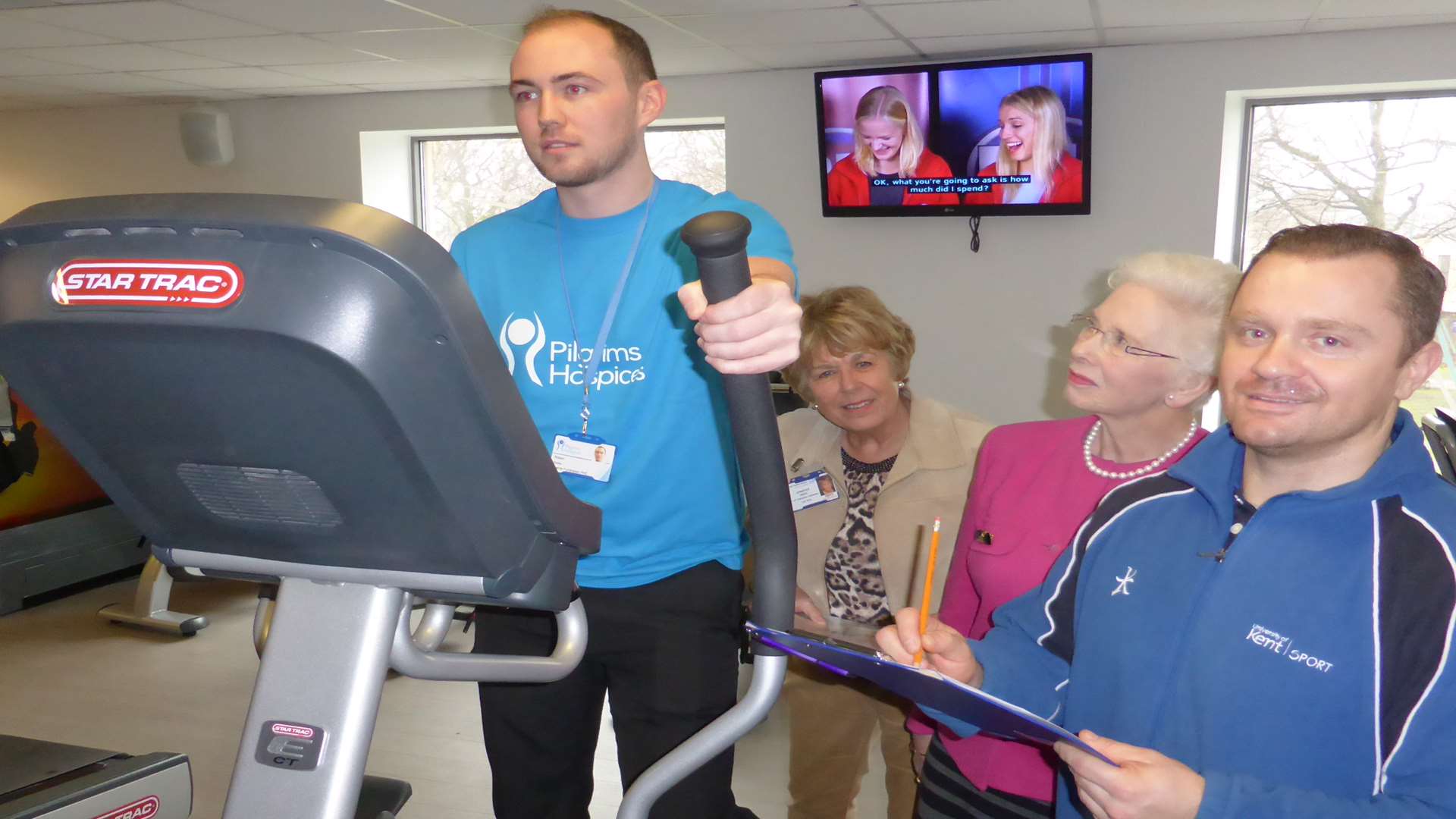 Robert Grew, of Pilgrims Hospice in East Kent, gets a workout from University of Kent Sport staff and League of Friends at Kent and Canterbury Hospital who collectively are supporting the KM Canterbury Big Charity Quiz