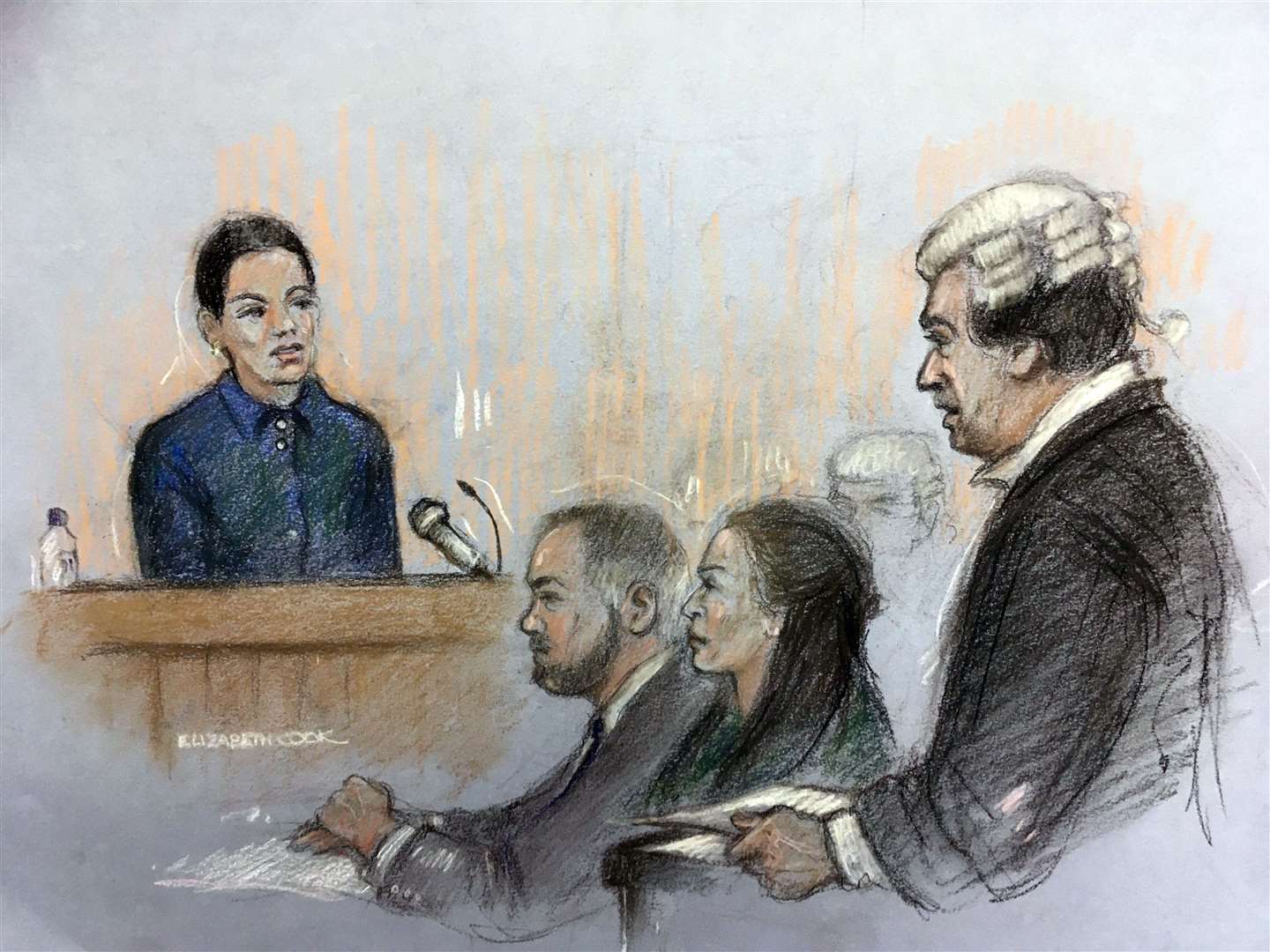 Court artist sketch by Elizabeth Cook of Coleen Rooney’s barrister David Sherborne (right) questioning Rebekah Vardy (Elizabeth Cook/PA)