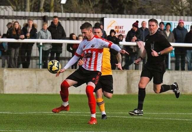 Striker Dan Bradshaw on the ball for Sheppey on Saturday Picture: Marc Richards