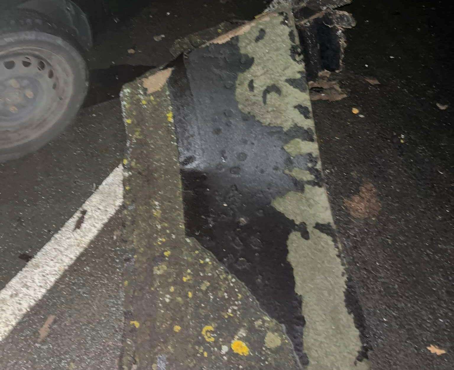 The piece of roof that fell from the building and onto Charley Jerold’s car. Picture: Charley Jerold