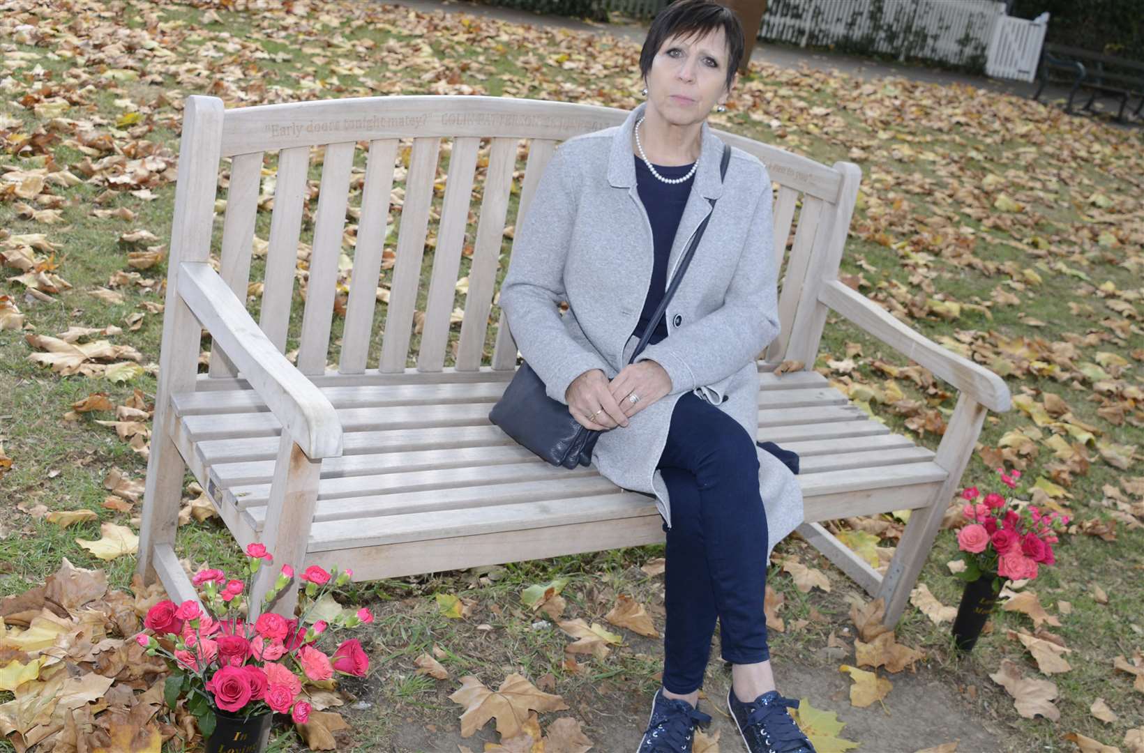 Christine Patterson at the memorial bench to her husband