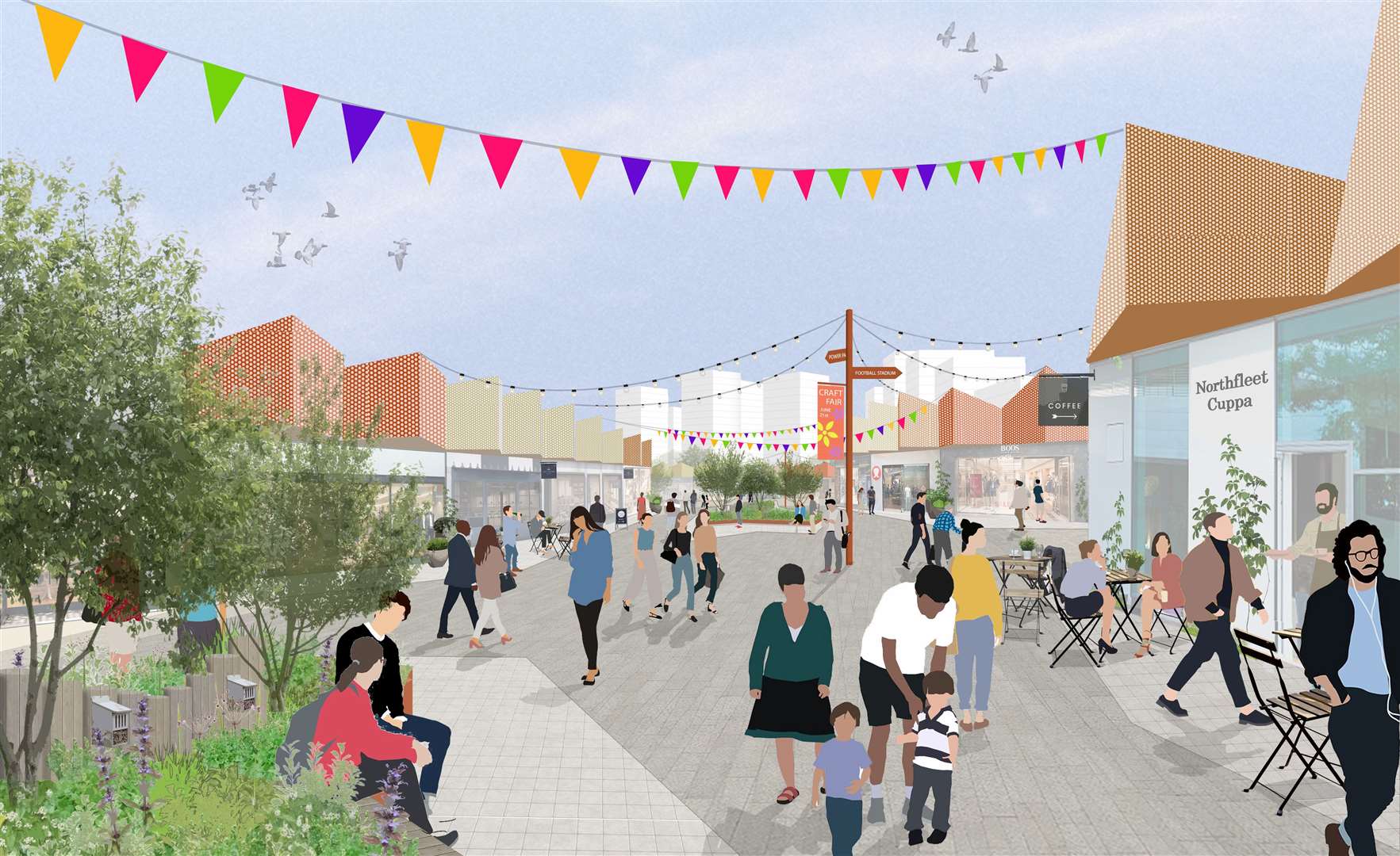 Plans feature a new retail village consisting of shops, restaurants, bars and cafes. Picture: Northfleet Harbourside