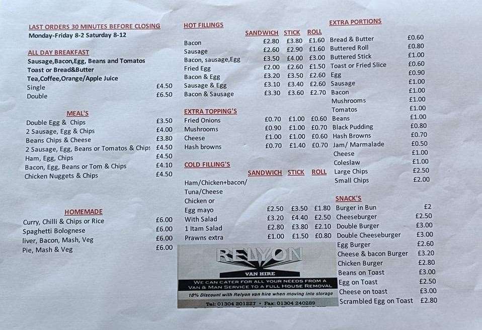 The menu at Coombes Kitchen Cafe in Dover