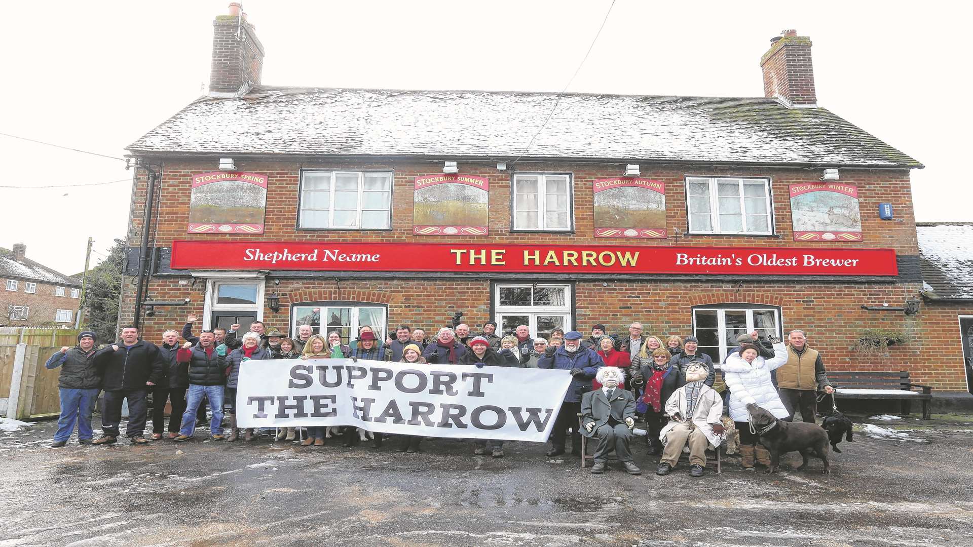 Supporters to turn The Harrow Pub into a community pub gather outside the premises in Stockbury near Sittingbourne.