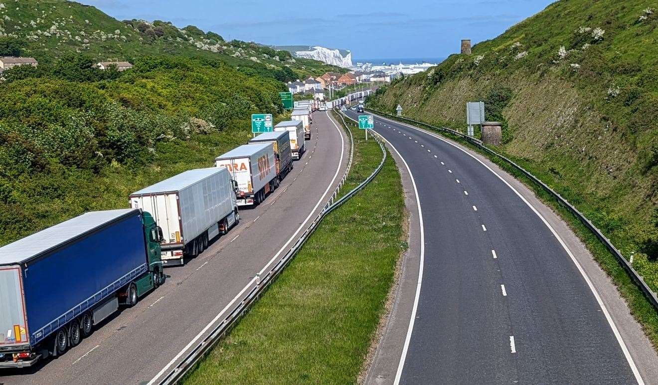Lorries queuing on the A20 on the approach into Dover. Picture: Rhys Griffiths