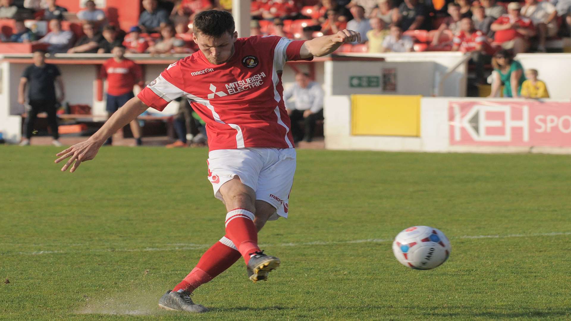 Charlie Sheringham scores during Ebbsfleet's penalty shoot-out win against Whitehawk Picture: Ruth Cuerden
