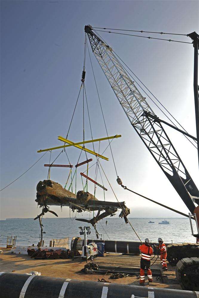 Rare German bomber plane the Dornier 17 - believed to be the only intact example of its kind in the world - is lifted from the seabed