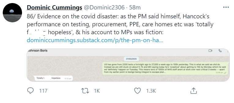 Screenshot of Dominic Cummings’ post (Twitter)