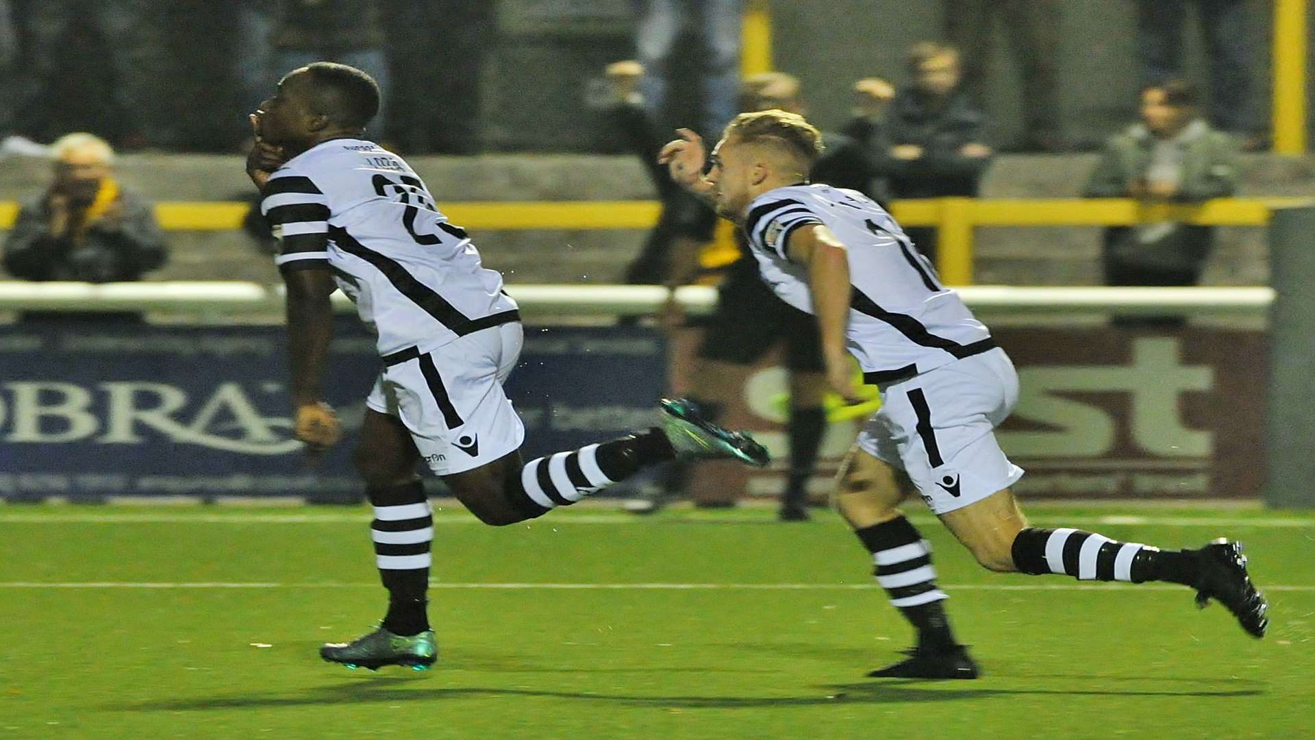 Jamar Loza celebrates his first Maidstone goal with Bobby-Joe Taylor Picture: Steve Terrell
