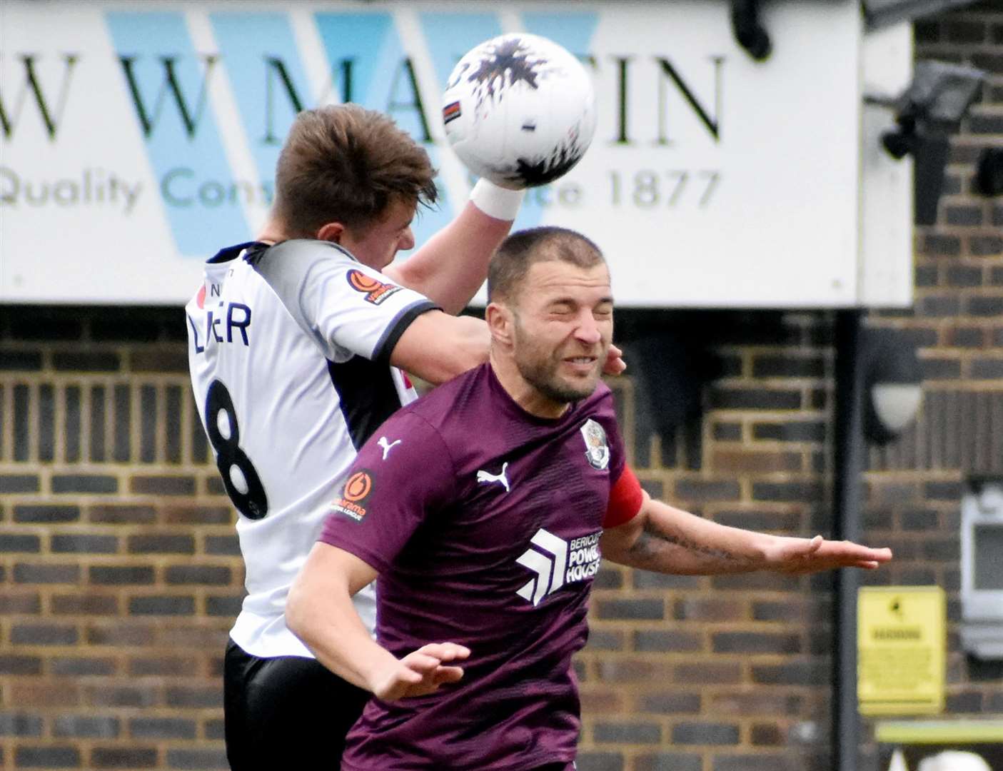Dover's Freddie Oliver up against Dartford captain Luke Coulson in midfield during the Darts’ 2-1 National League South win on Saturday. Picture: Randolph File