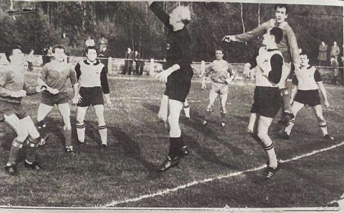 Bob (top right) heading in a goal in a match in Germany, 1958 (59638364)