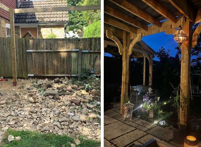 Michelle Sawyer's patio was left smashed up by the builder, left, and right, how it looks after other companies stepped in to fix the mess