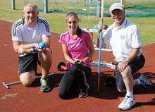 Alex Hoad and Lisa Dobriskey try the throwing events as part of Inspire Kent, coached by Ashford AC's Ted Hawkins