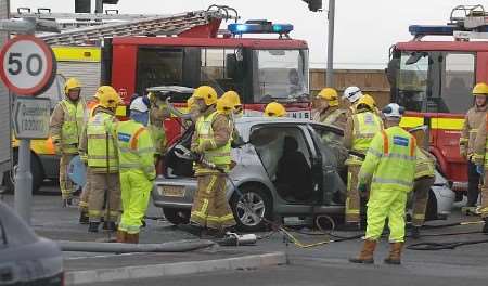 Specialist cutting equipment was used by firefighters to release the passenger. Picture: MIKE SMITH
