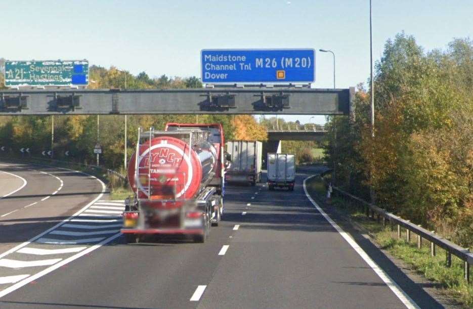 The M26 has been partially closed eastbound between the M25 interchange and Wrotham. Pic: Google