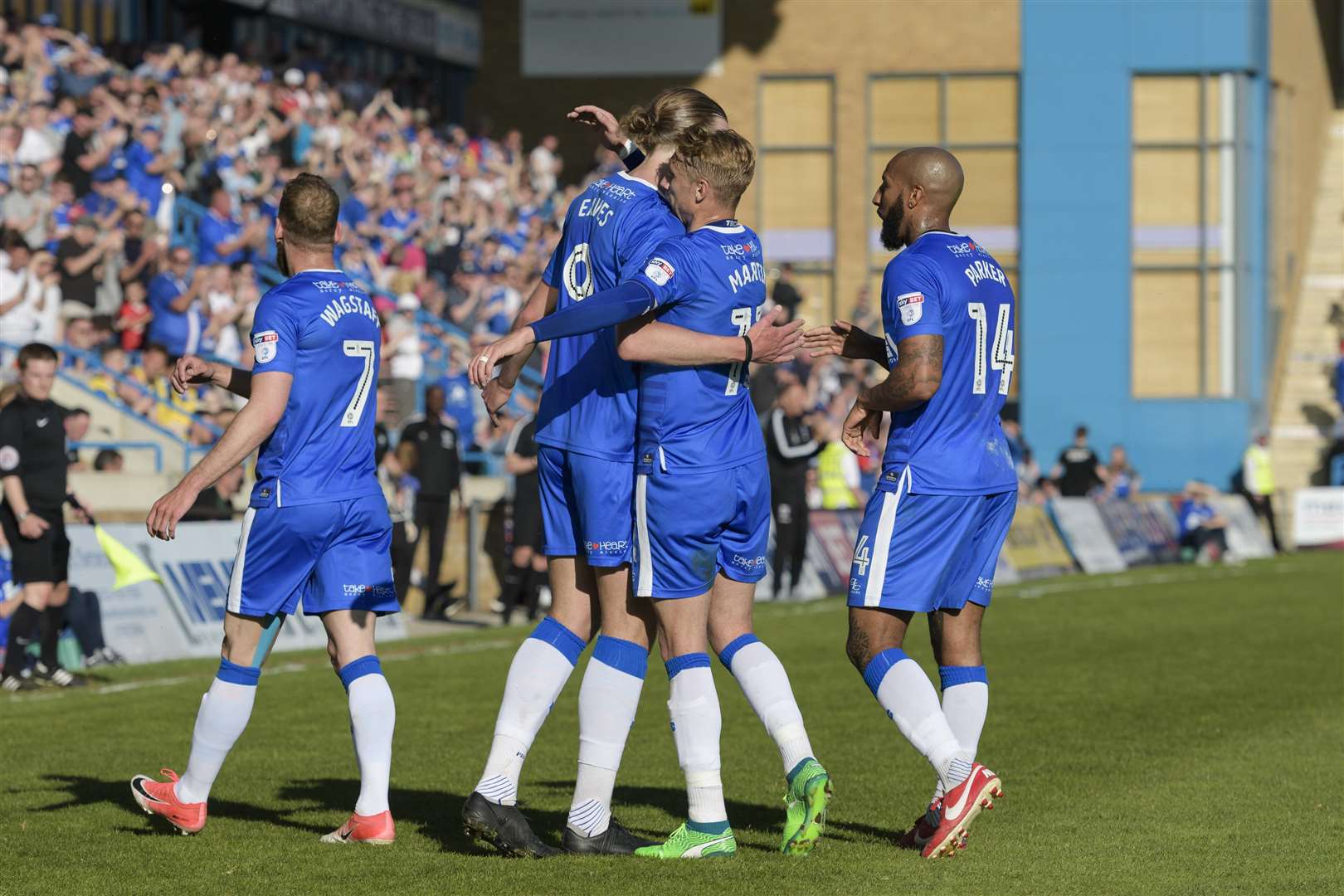 Gillingham celebrate after Tom Eaves made the score 2-1. Picture: Andy Payton