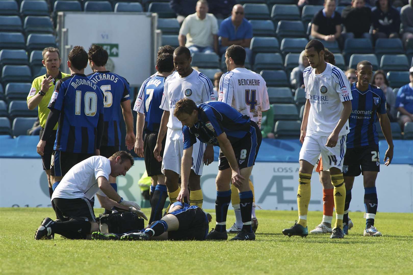 Barry Fuller picks up an injury against Macclesfield Picture: Andy Payton