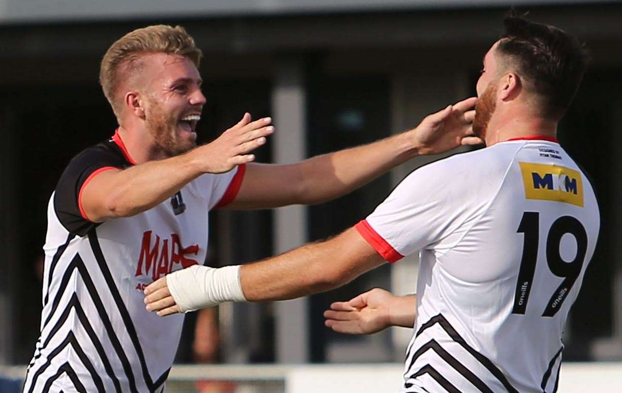 Deal's Aaron Millbank celebrates his goal against Lordswood with Connor Coyne. Picture: Paul Willmott