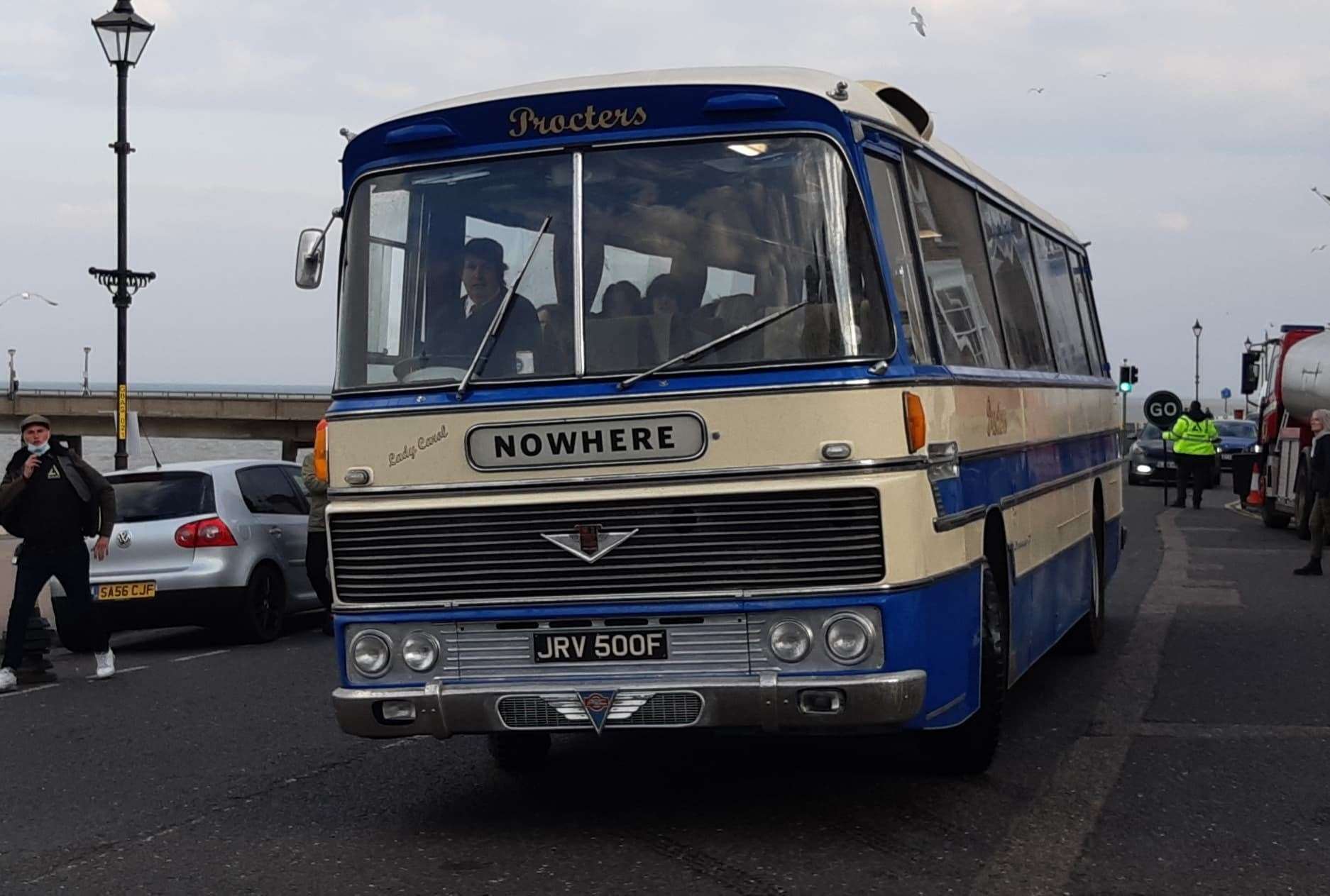 The Sex Pistols' 'Nowhere' tour bus in Deal during the filming of the TV drama Pistol in April. Picture: Sam Lennon