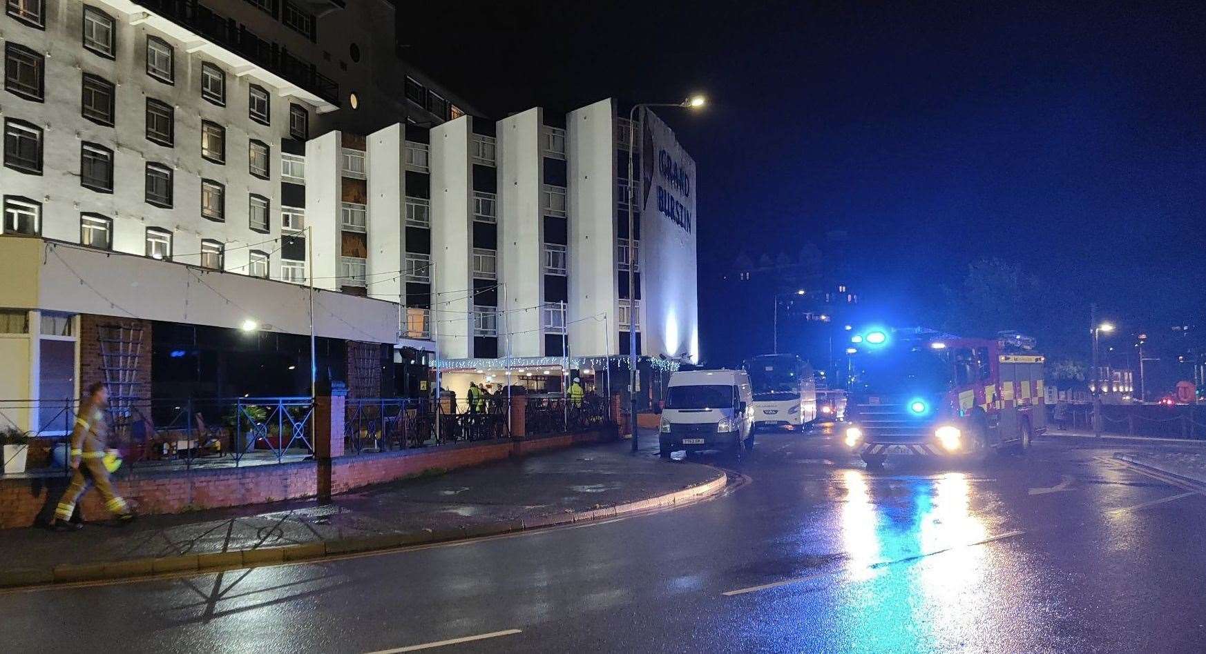 Part of the front of the Grand Burstin Hotel in Folkestone has fallen into the street. Picture: Steve Wood