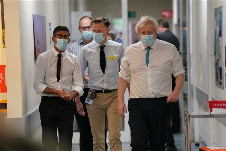 Prime Minister Boris Johnson and Chancellor Rishi Sunak during a visit to the Kent Oncology Centre at Maidstone Hospital in February. Picture: Gareth Fuller/PA