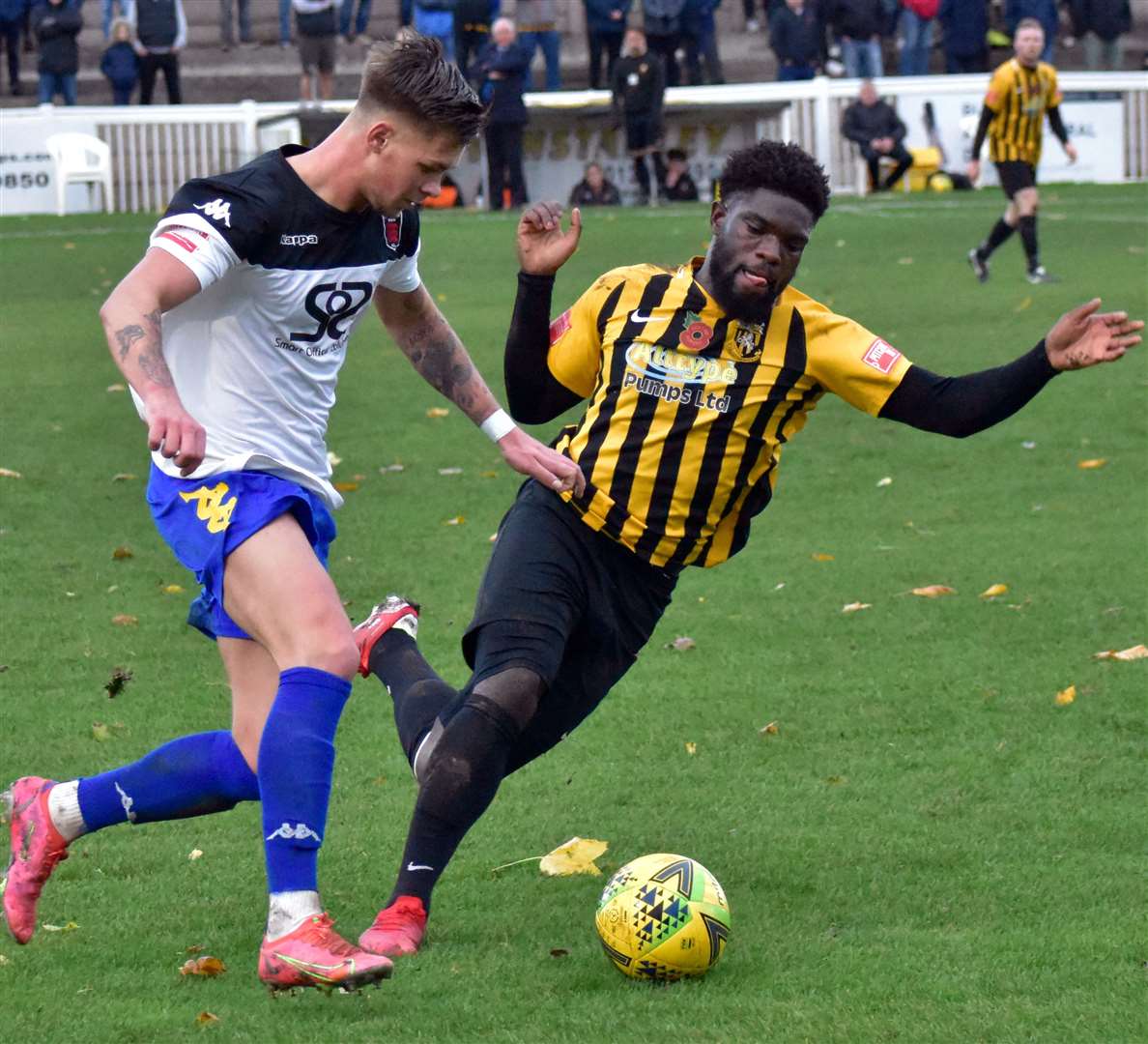 Faversham Town's Clark Woodcock on the ball against Folkestone in the FA Trophy during the Lilywhites' defeat last weekend. Picture: Randolph File