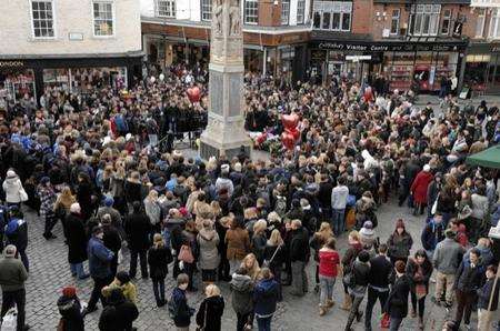Crowds pack Buttermarket Square, Canterbury in memory of Hugo Wenn and Daniel Lloyd who drowned in Reed Pond