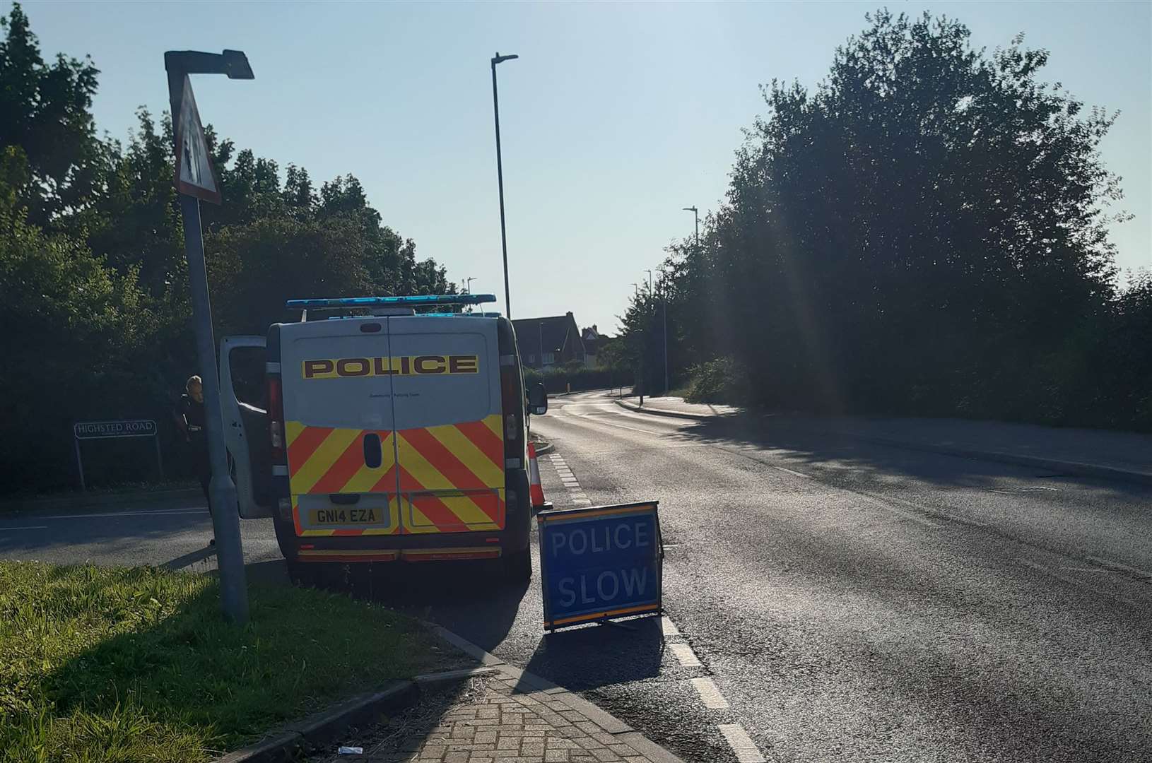 A police van blocking traffic going into Highsted Road at Chilton Manor Farm, Sittingbourne