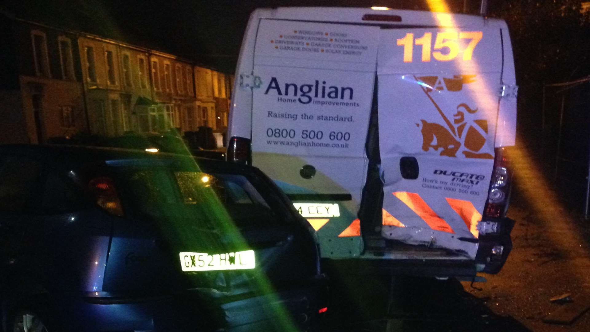 The damaged black Ford Fiesta and Anglian van belonging to Adrienne and Brett Adams of Sheerness High Street.