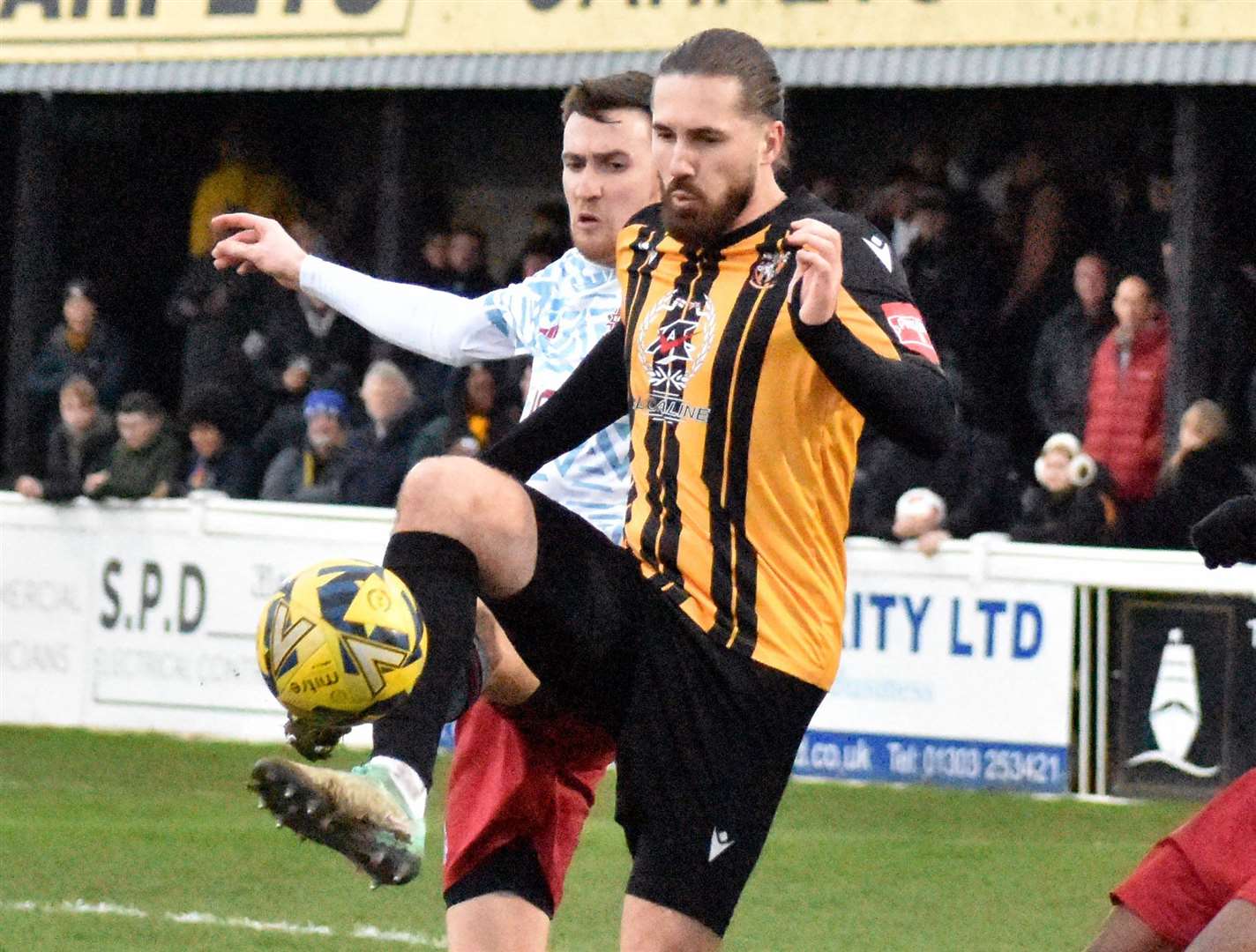 Folkestone forward Tom Derry’s first-half double helped them to earn a 3-3 home draw against Carshalton. Picture: Randolph File