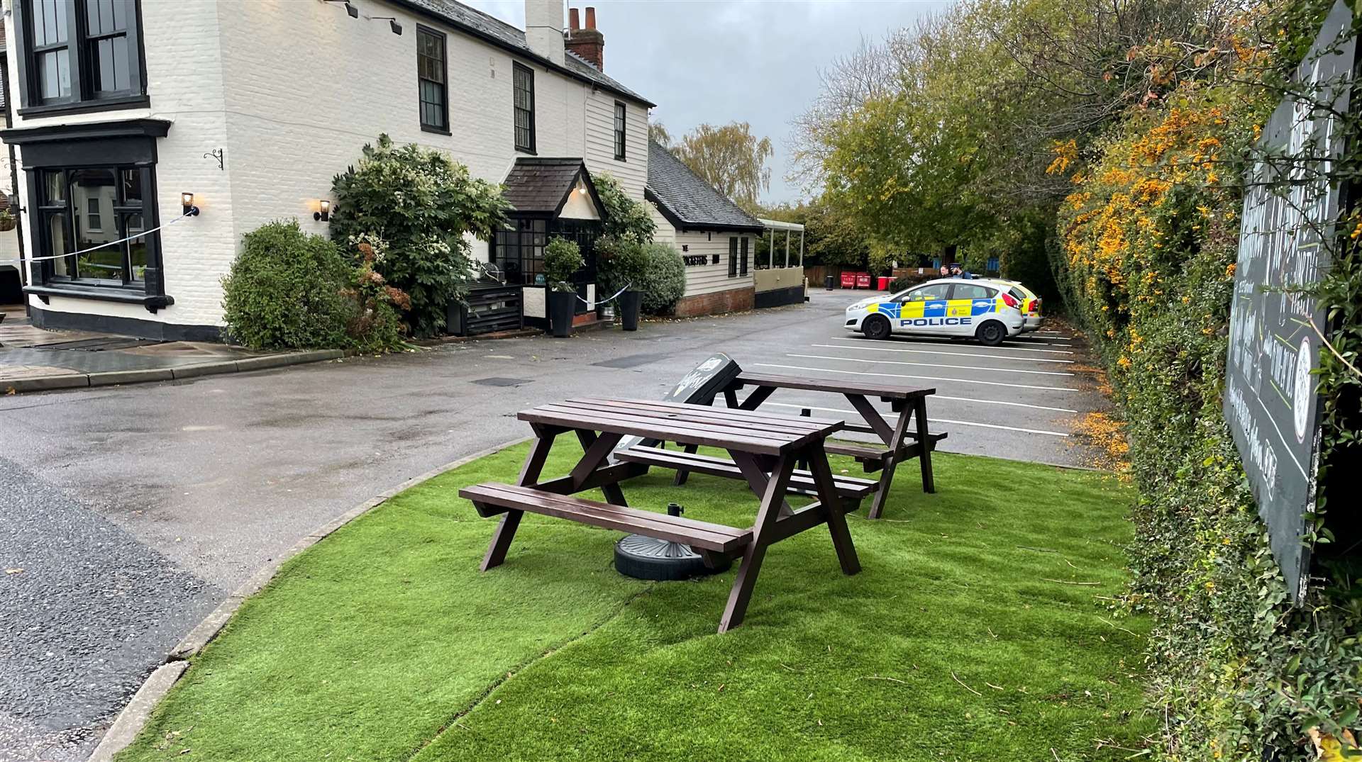 Police at the Cricketers Inn pub in Meopham where Craig Allen was killed.Miguel Batista, known as Alex Batista, is on trial accused of trying to murder pub landlord David Brown