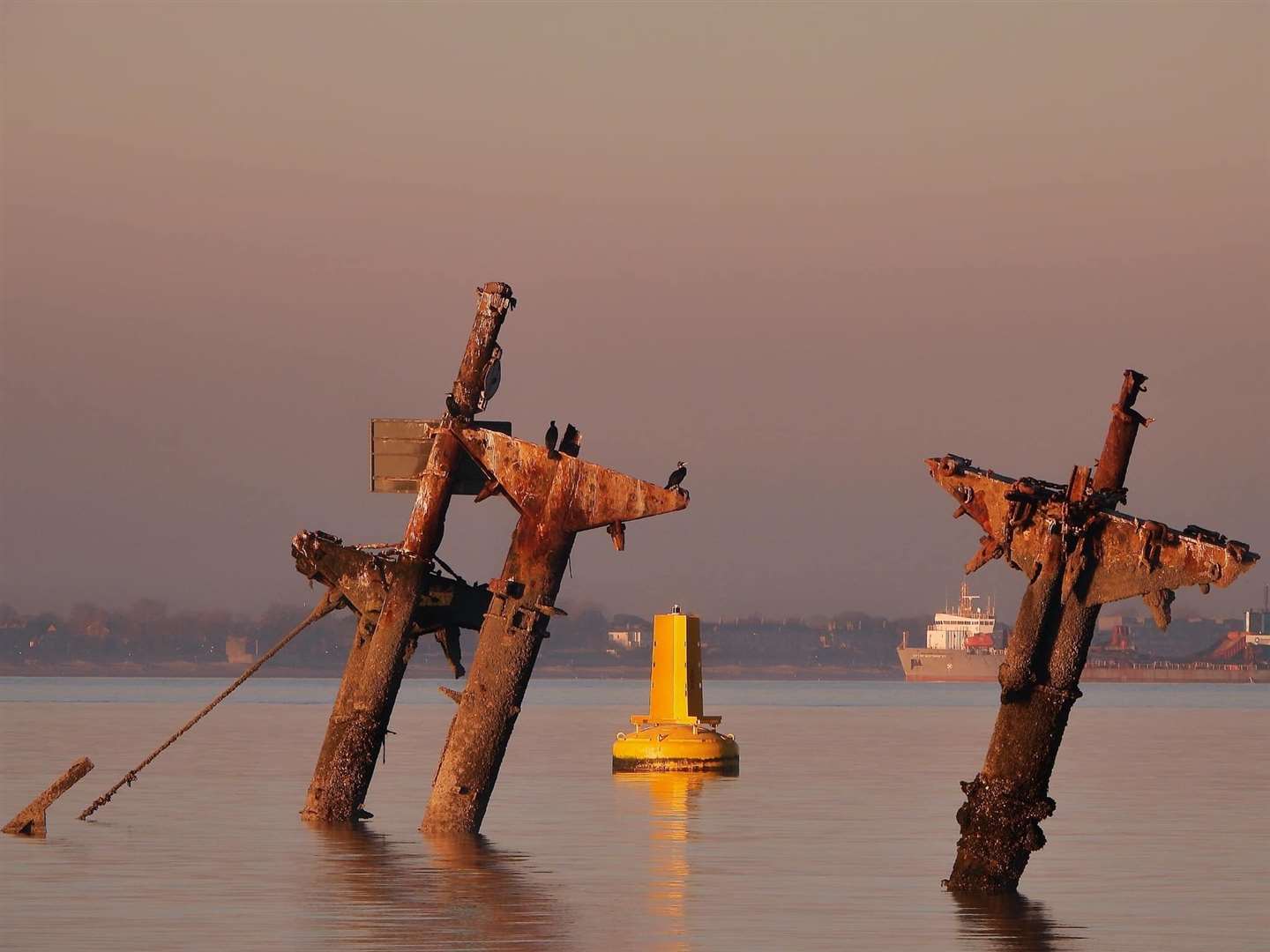 The distinctive masts of the SS Richard Montgomery bomb ship wrecked off Sheerness captured at low tide and at sunset by Margaret Flo McEwan