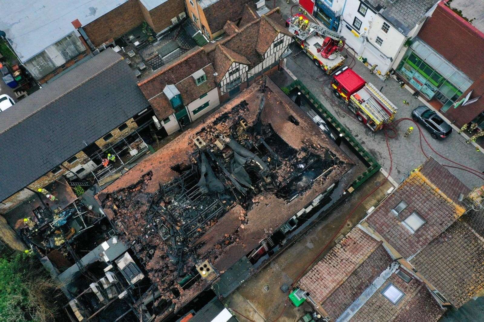 Drone footage showed the extent of the damage to the restaurant and club. Picture: UKNIP