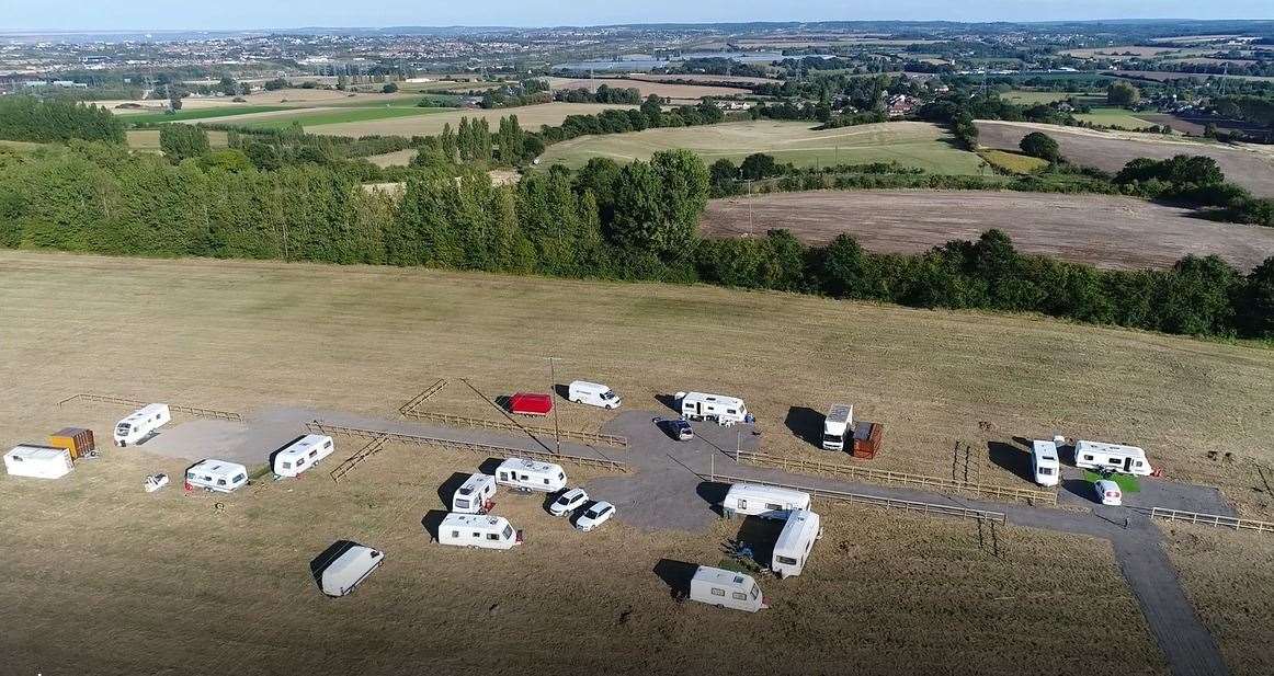 An aerial image of the travelling showmen site at Drudgeon Farm, Bean