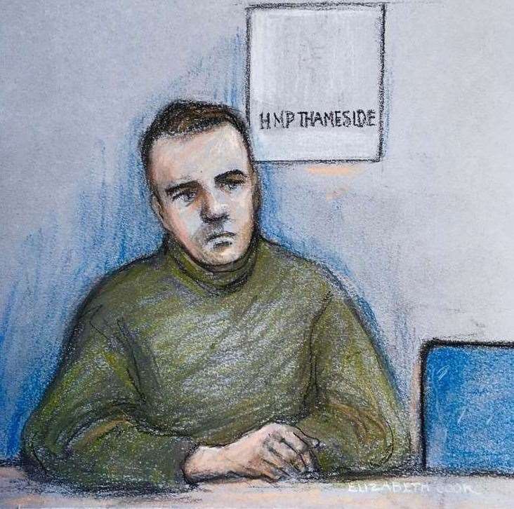 Court artist sketch of Jordan McSweeney, 29, appearing by video link from HMP Thameside. Picture: Elizabeth Cook/PA
