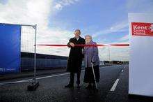 KCC’s David Brazier with Gerry Thomsett’s sister, Maureen Smither, cutting the ribbon at the new rail bridge