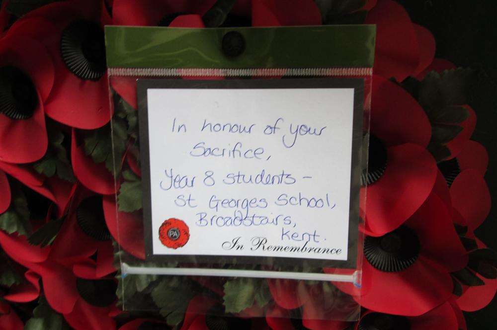 The wreath laid by Ruhi Cialis, on behalf of the school, when students from St George's School, Broadstairs, made a poignant visit to the Belgian battlefields.