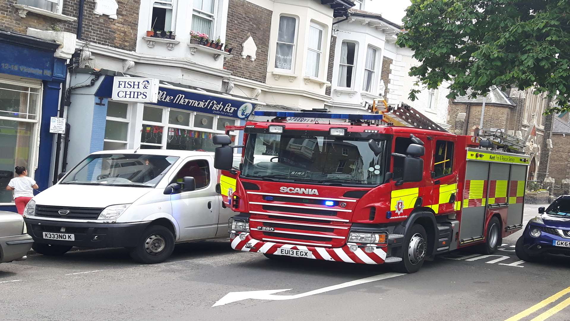 Fire fighters at the scene of the Blue Mermaid chip shop blaze, Deal.