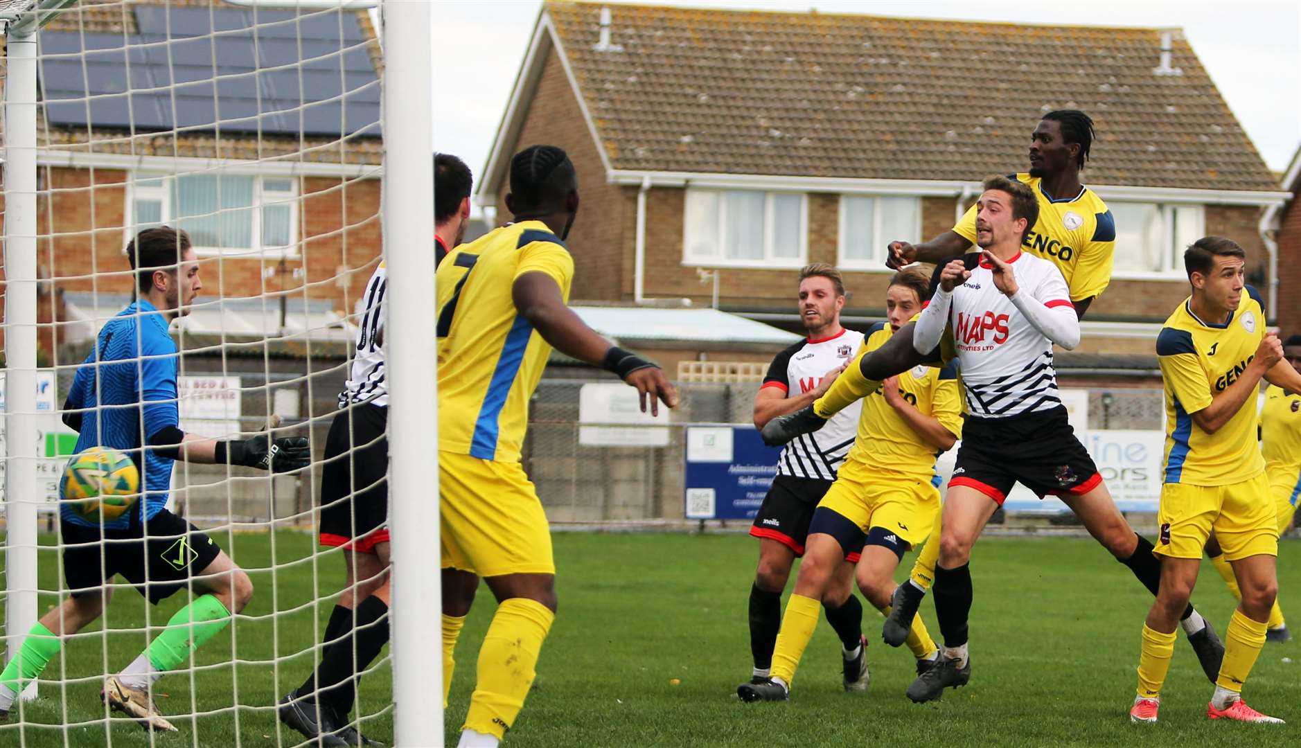 Billy Munday heads home Deal Town's second in their 5-1 Kent Senior Trophy win over K Sports. Picture: Paul Willmott