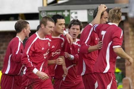 Hythe players celebrate their only goal of the game