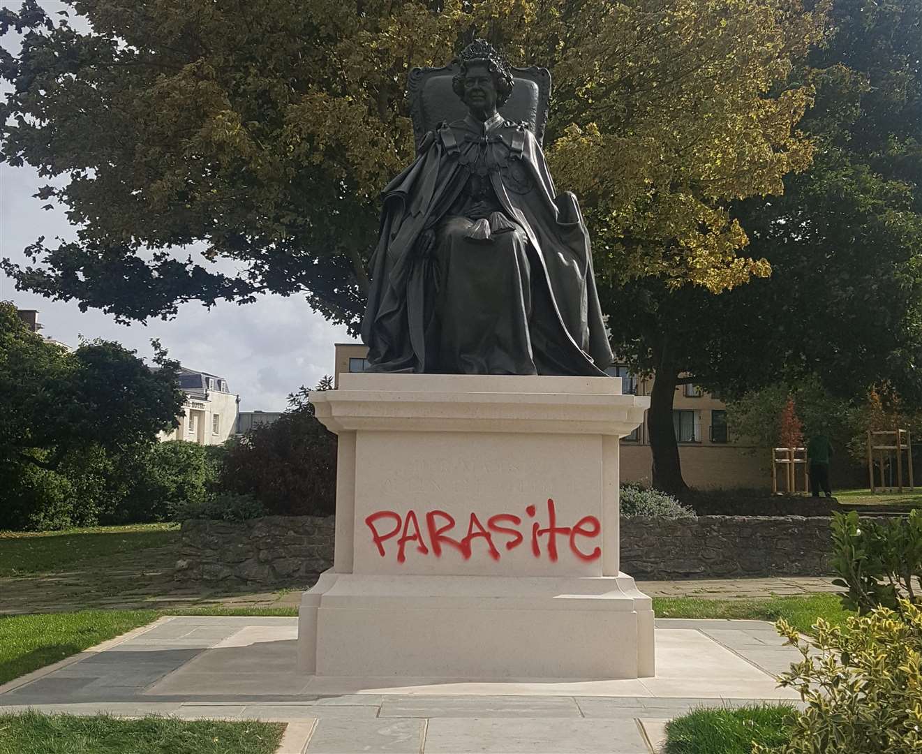 The word parasite was sprayed across the bottom of the statue. Picture: Craig Fenn
