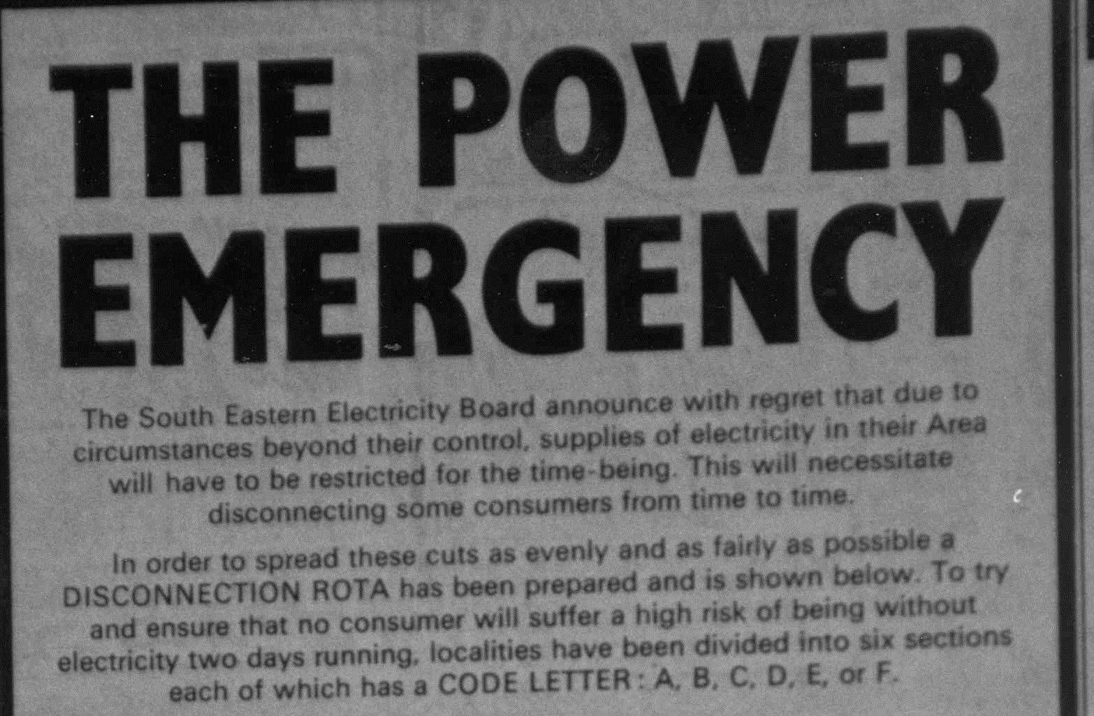 Electricity company Seeboard took out adverts in KM newspapers to warn the public in advance of blackouts