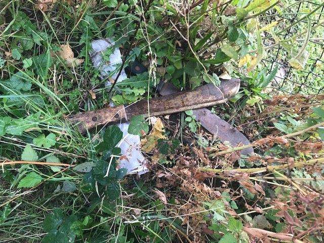 The two machetes found by 10-year-olds Tate, Kieran and Jenson in an alley near Halfway House Primary School, Minster, Sheppey. Picture: Halfway House Primary School